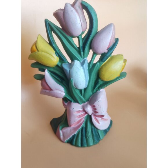 Hand Painted Brass Doorstop Tulips 9 1/2" Tall x 7 1/2" wide - Picture 9 of 10